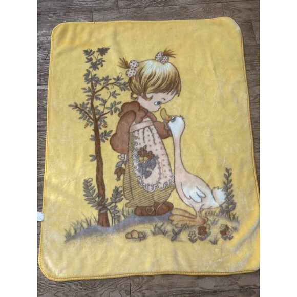 Vintage Precious Moments Blanket 42x52 Girl with Goose Yellow Plush Soft Cozy - Picture 1 of 7